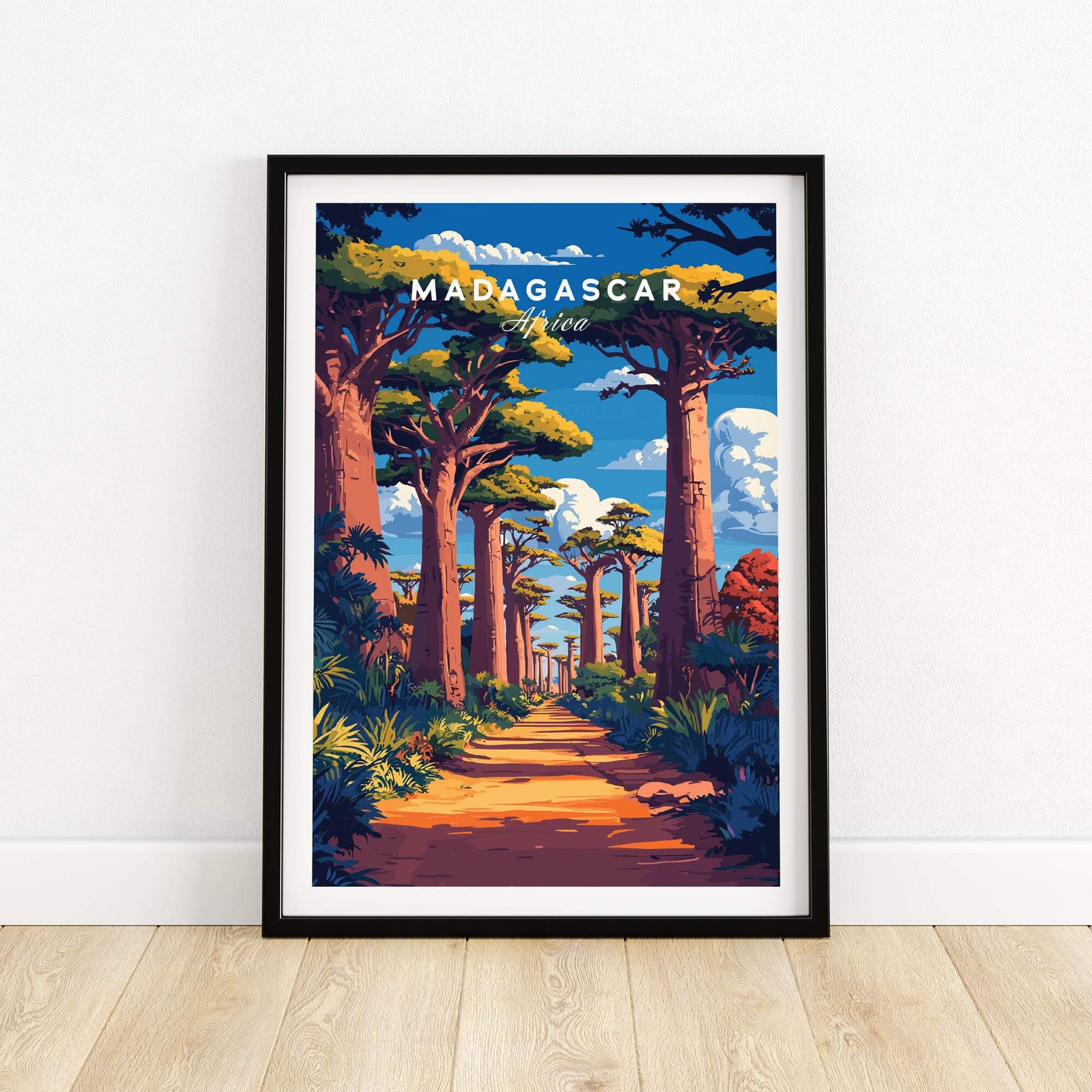 Madagascar Travel Poster featuring the iconic avenue of Baobabs in vibrant colors.