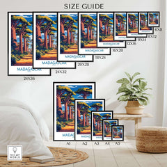 Madagascar Wall Art Print size guide showing various dimensions and styles for the iconic artwork.