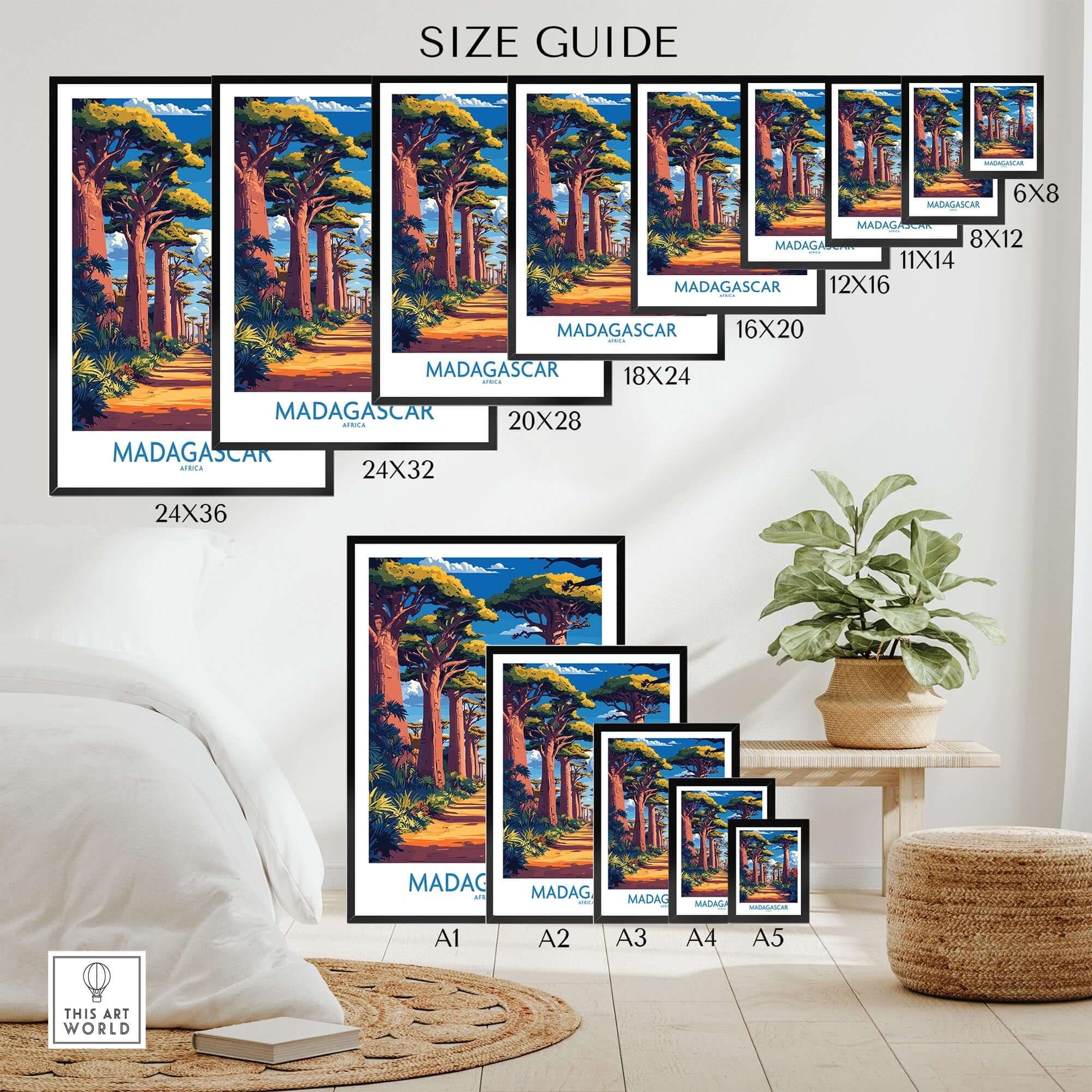 Madagascar Wall Art Print size guide showing various dimensions and styles for the iconic artwork.