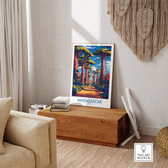 Madagascar Wall Art Print displayed in a modern living room, featuring the Avenue of Baobabs.