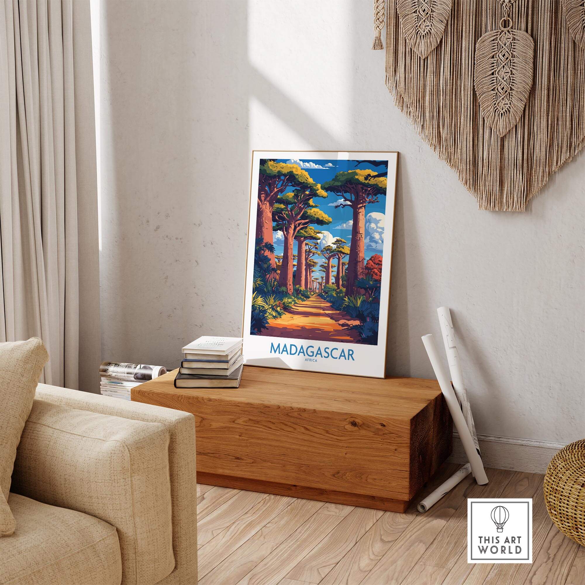 Madagascar Wall Art Print displayed in a modern living room, featuring the Avenue of Baobabs.