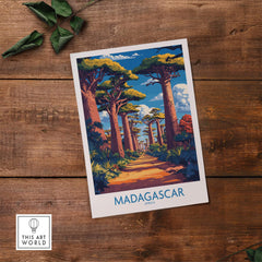 Madagascar Wall Art Print featuring the Avenue of Baobabs in a vibrant illustration on wooden surface.