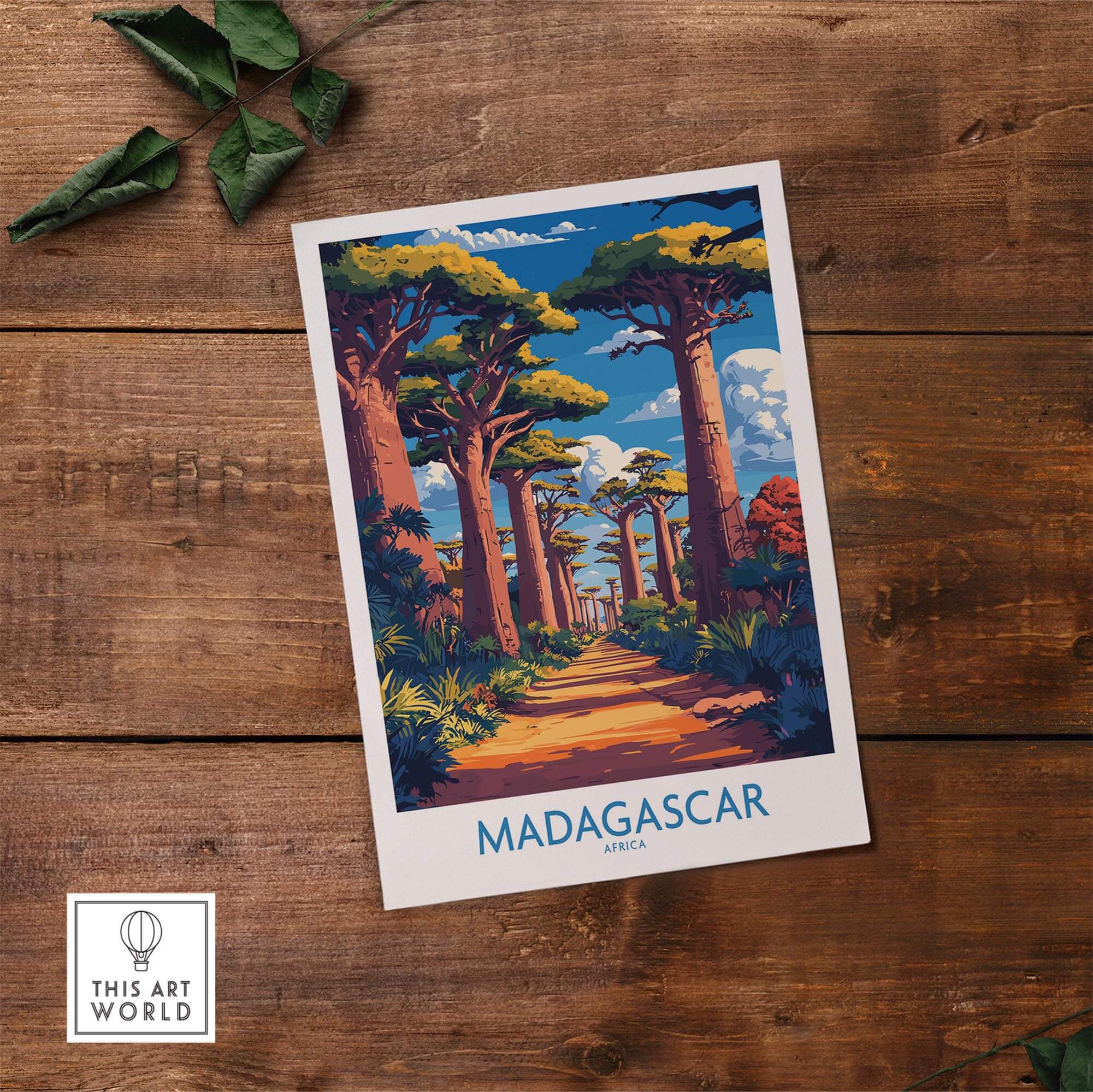 Madagascar Wall Art Print featuring the Avenue of Baobabs in a vibrant illustration on wooden surface.