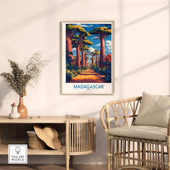 Madagascar Wall Art Print featuring the iconic Avenue of Baobabs in a beautifully designed room setting.