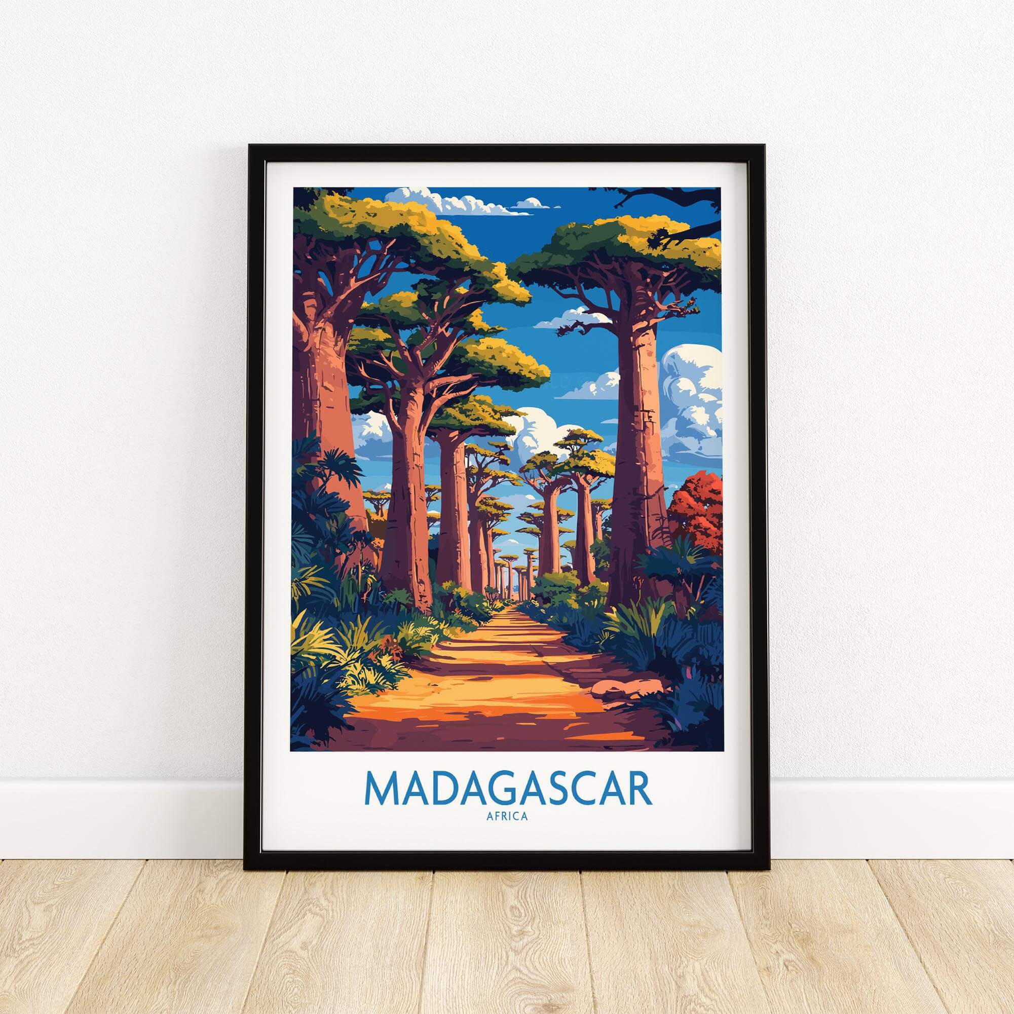 Madagascar Wall Art Print showcasing the iconic Avenue of Baobabs with vibrant colors and scenic beauty.