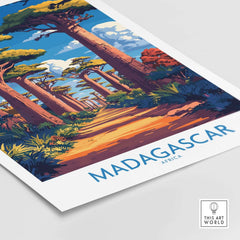 Madagascar Wall Art Print featuring Avenue of Baobabs, vibrant colors and tropical scenery, perfect for travel enthusiasts.