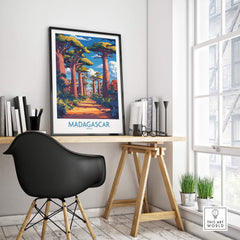 Madagascar Wall Art Print framed on a desk in a stylish room, showcasing the vibrant Avenue of Baobabs.