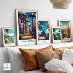 Madagascar Wall Art Print among travel posters showcasing beautiful destinations like Philippines, Beijing, and Costa Rica.