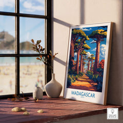 Madagascar Wall Art Print featuring the Avenue of Baobabs, enhancing a cozy interior with natural beauty.