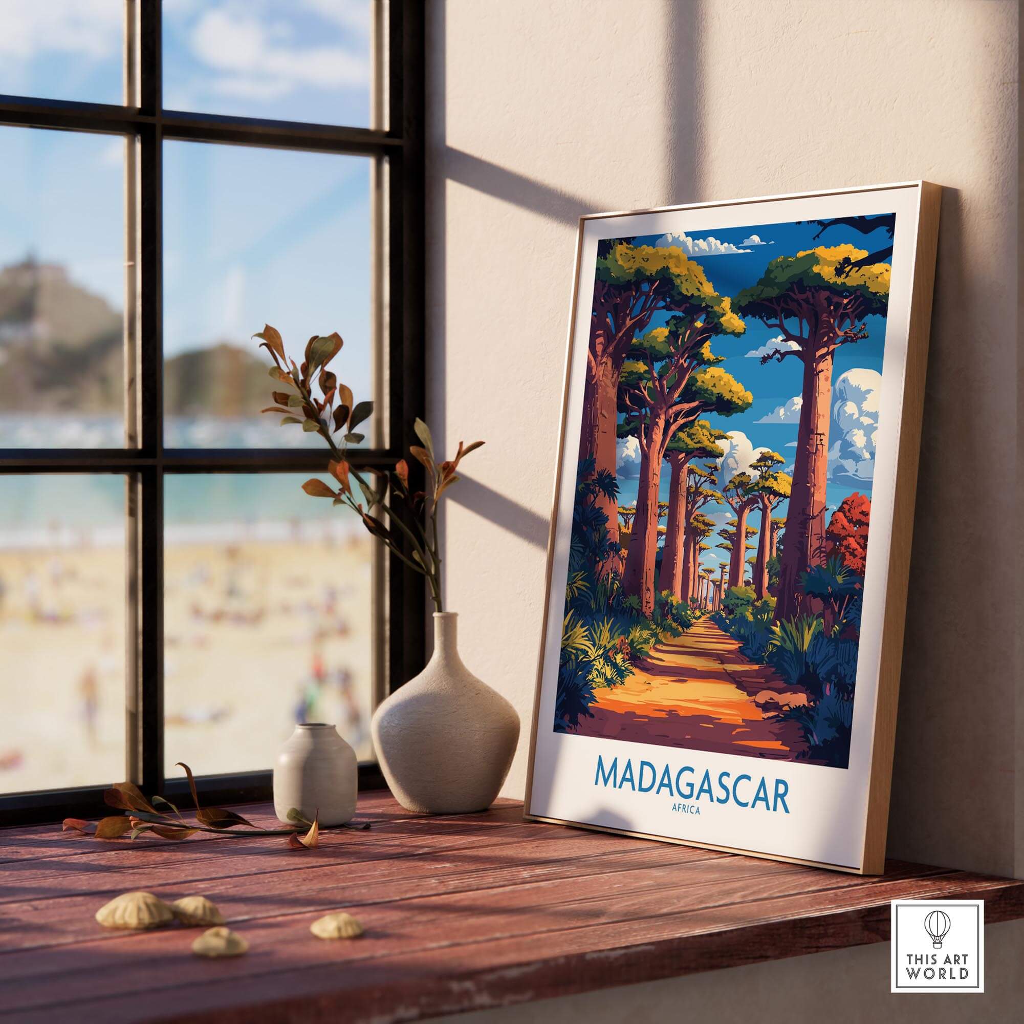 Madagascar Wall Art Print featuring the Avenue of Baobabs, enhancing a cozy interior with natural beauty.