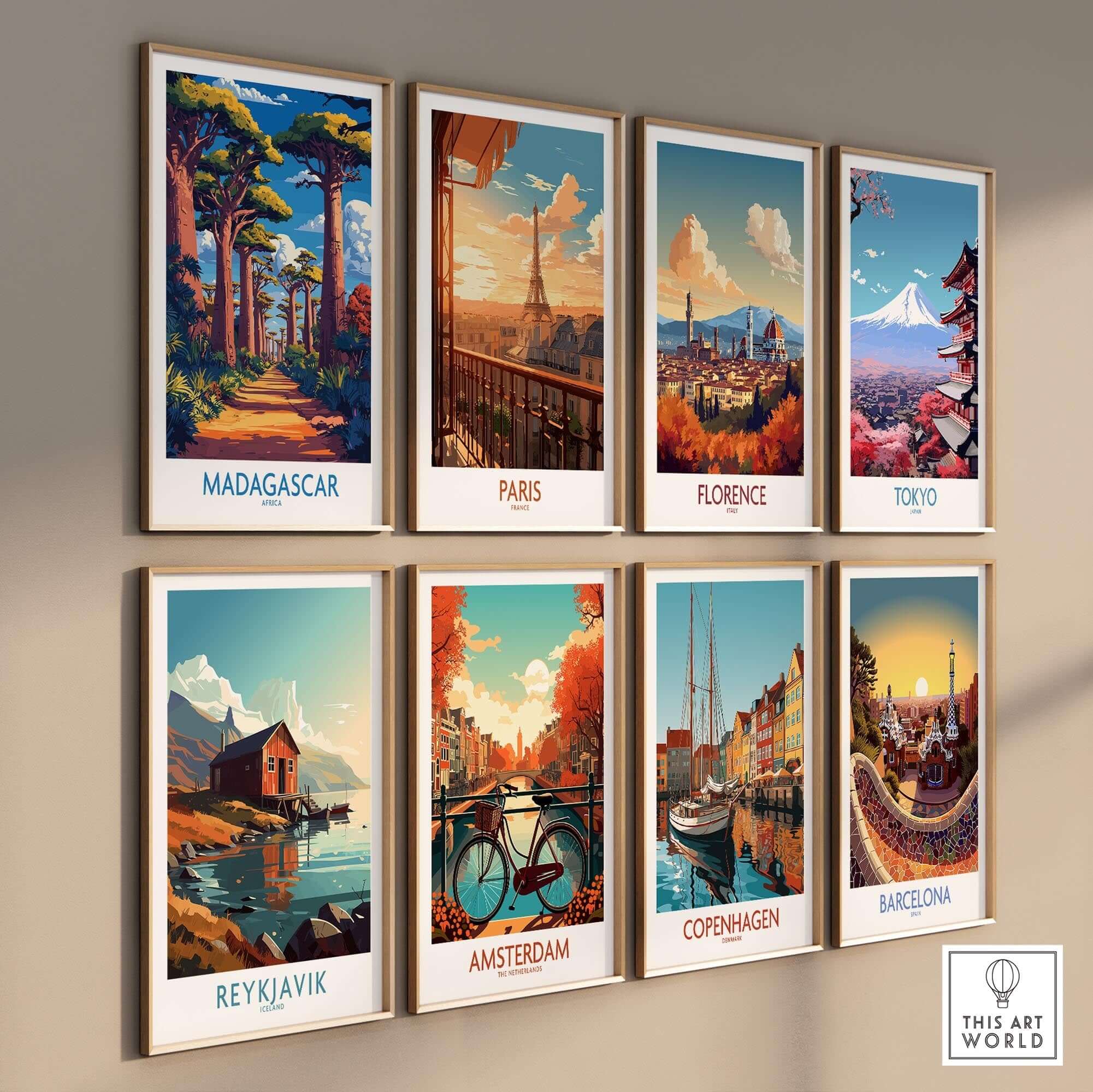 Madagascar Wall Art Print featuring Avenue of Baobabs and travel poster collage on wall