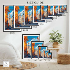Madrid Travel Print size guide showcasing different frame options for vibrant autumn art.
