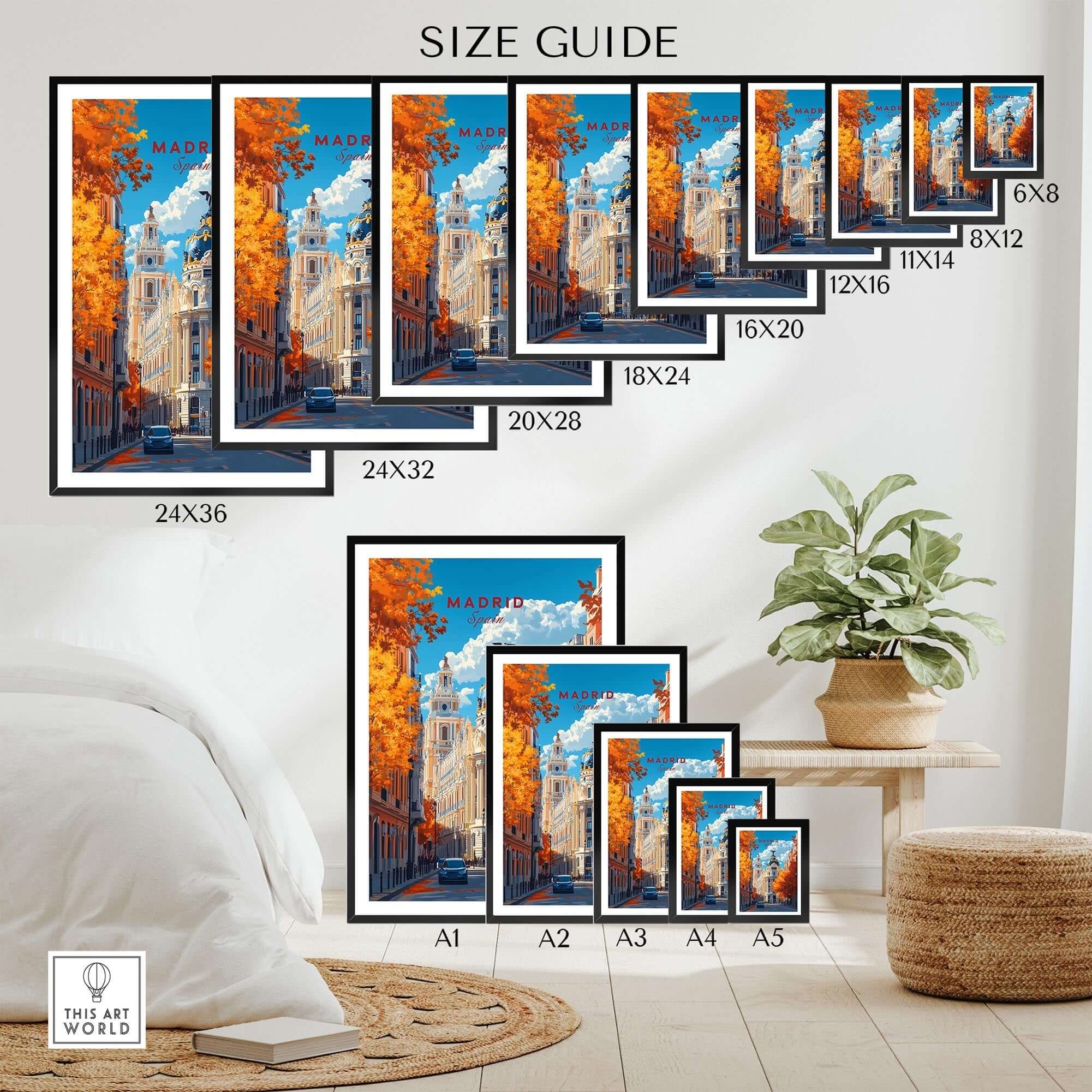 Madrid Travel Print size guide showcasing different frame options for vibrant autumn art.