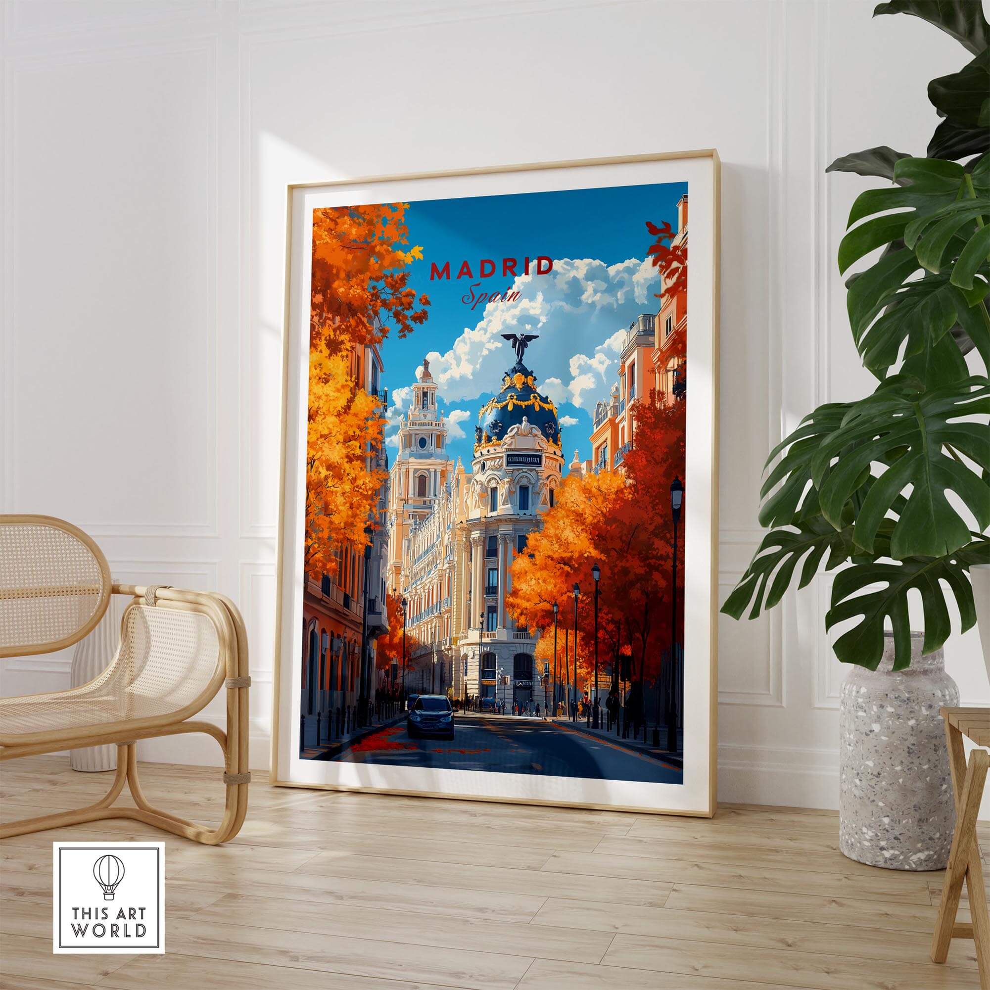 Madrid Travel Print featuring an autumn scene in the vibrant city, perfect Spanish wall art for any decor.