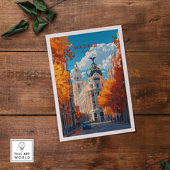 Madrid Travel Print showcasing a beautiful autumn scene of Madrid with vibrant colors and city architecture.