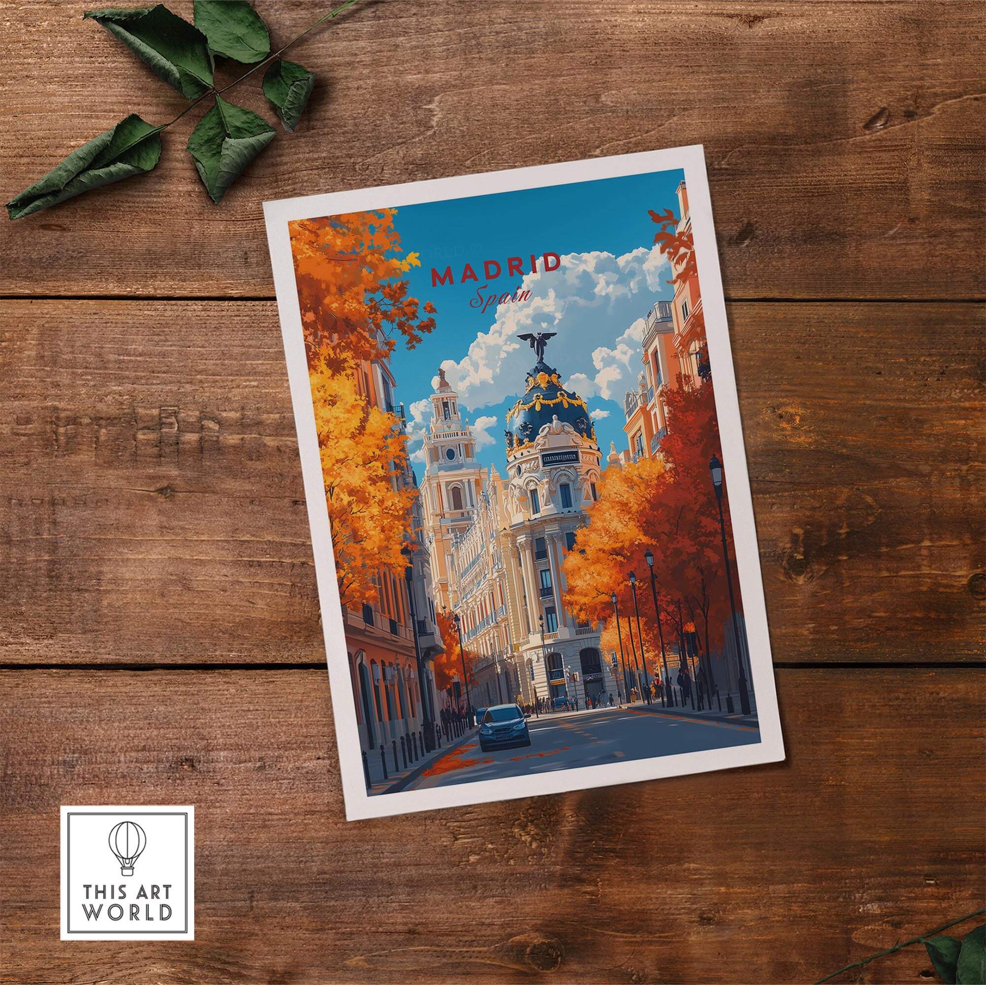 Madrid Travel Print showcasing a beautiful autumn scene of Madrid with vibrant colors and city architecture.