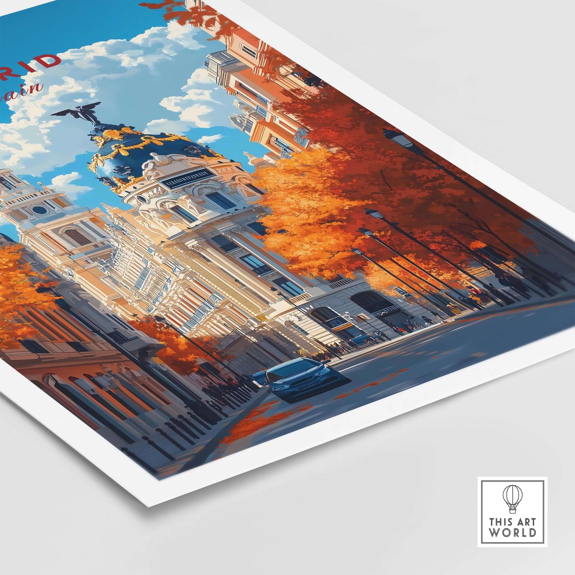 Madrid Travel Print showcasing vibrant autumn colors in a stunning depiction of a Madrid city street.