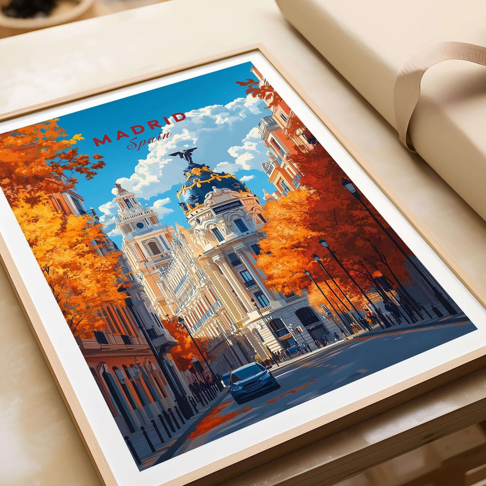 Madrid Travel Print showcasing vibrant autumn colors in a bustling city scene of Madrid, Spain.