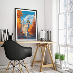 Madrid Travel Print displayed in a stylish interior, capturing the vibrant autumn beauty of Madrid.