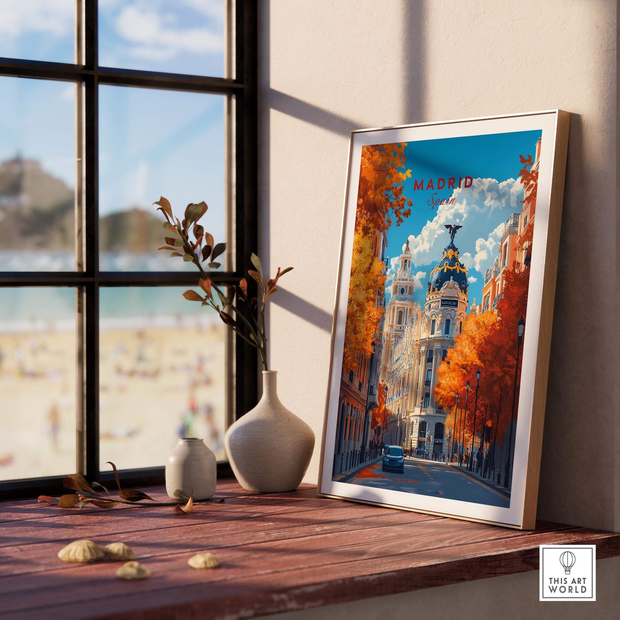 Madrid Travel Print showcasing vibrant autumn colors in a beautiful setting with a window view.