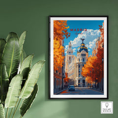 Madrid Travel Print showcasing a vibrant autumn scene of Madrid cityscape, ideal for Spanish wall art decor.