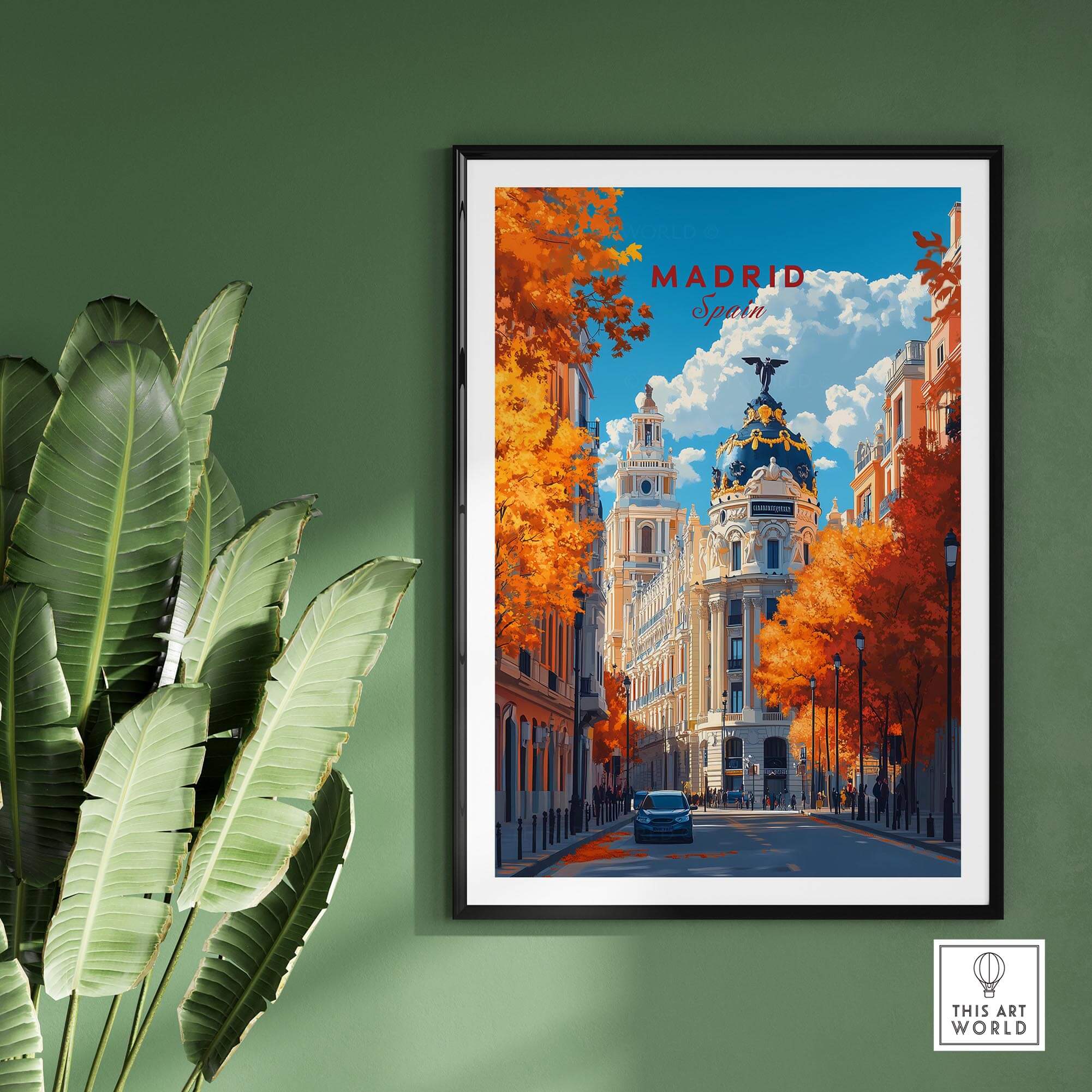 Madrid Travel Print showcasing a vibrant autumn scene of Madrid cityscape, ideal for Spanish wall art decor.
