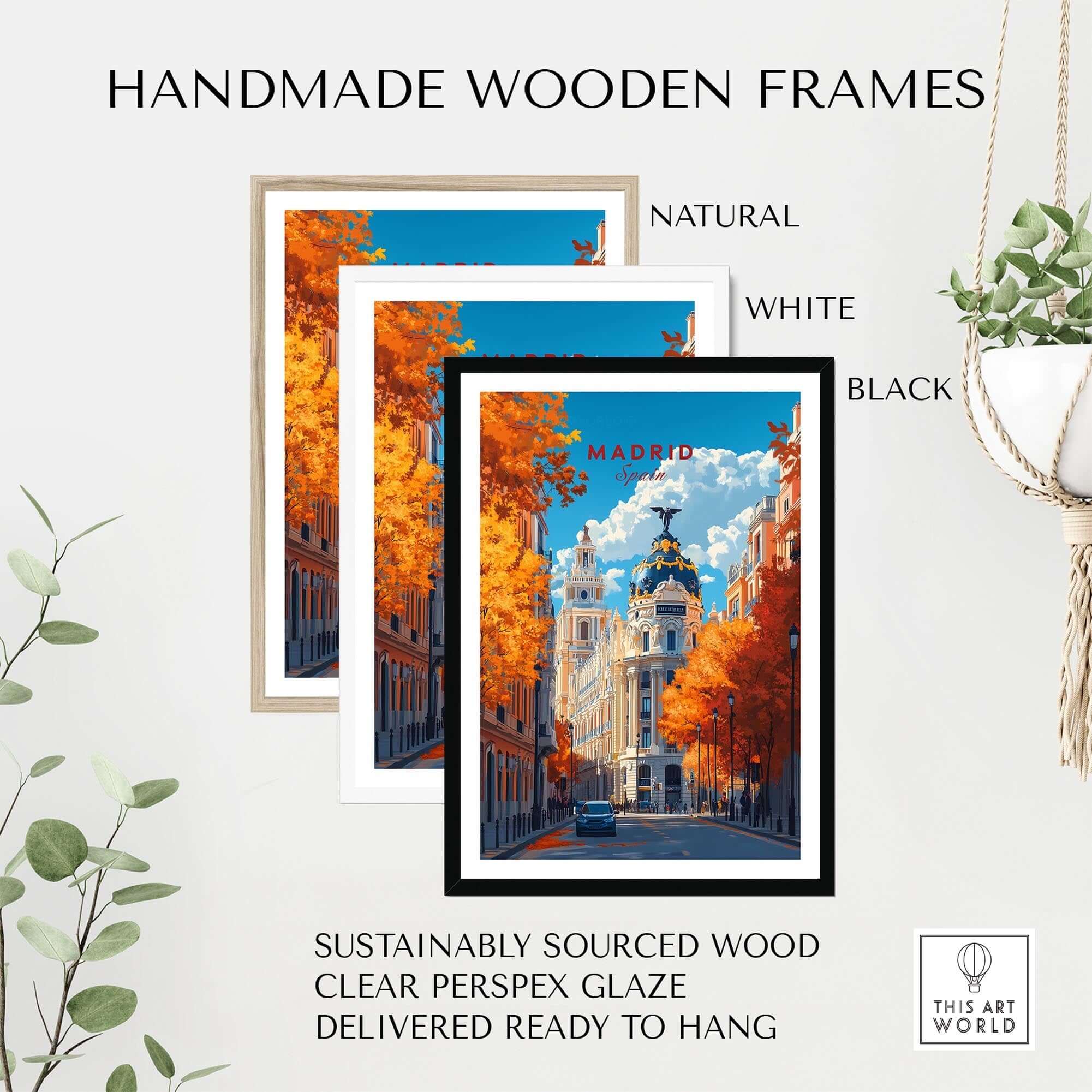 Madrid Travel Print framed in handmade wooden frames in natural, white, and black, showcasing autumn colors.