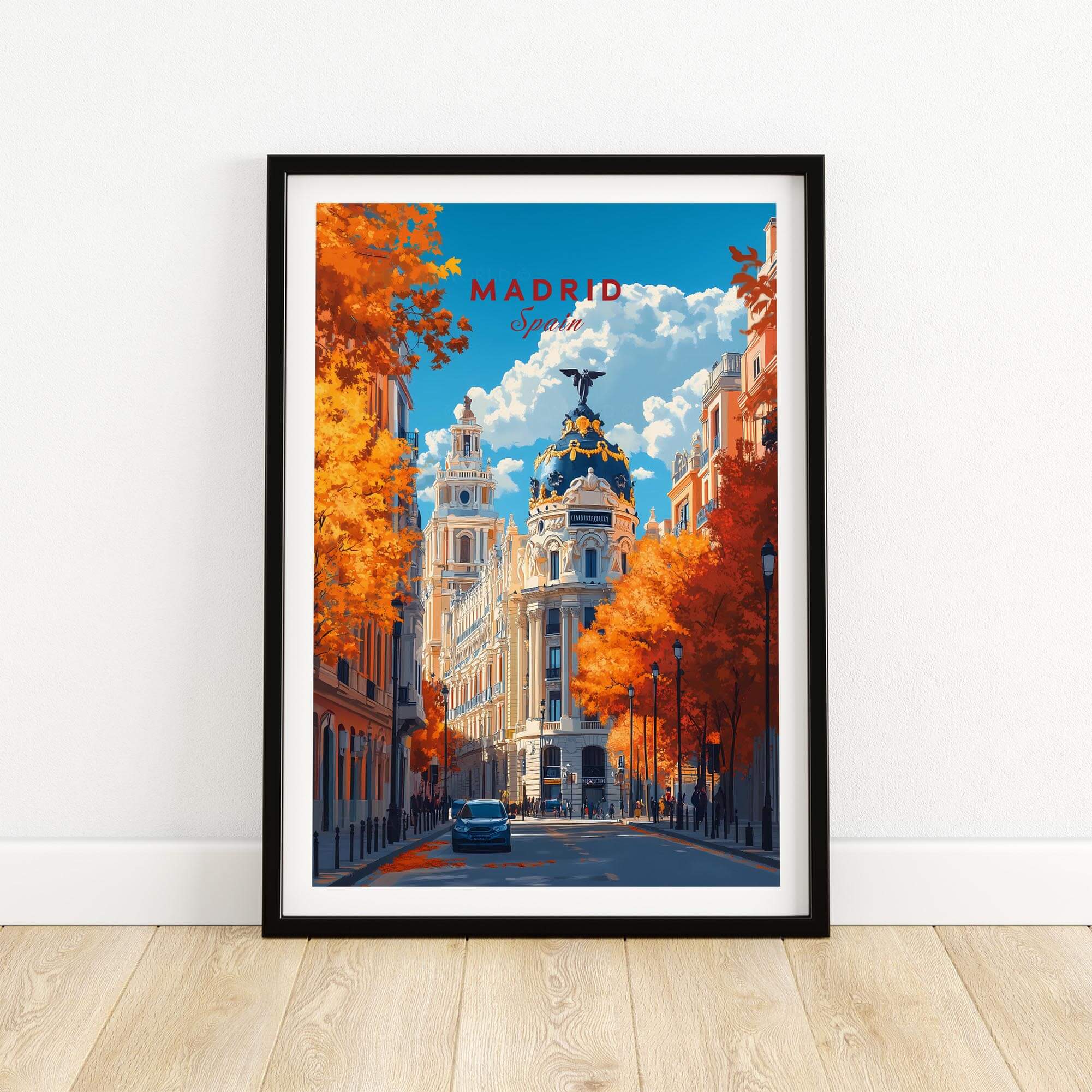 Madrid Travel Print showcasing vibrant autumn colors and iconic architecture of Madrid