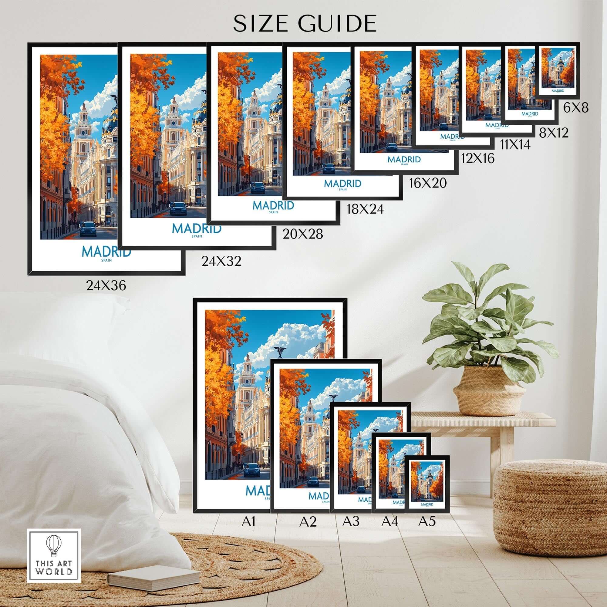 Size guide for Madrid Wall Art Print showcasing various frame sizes in a stylish home setting.