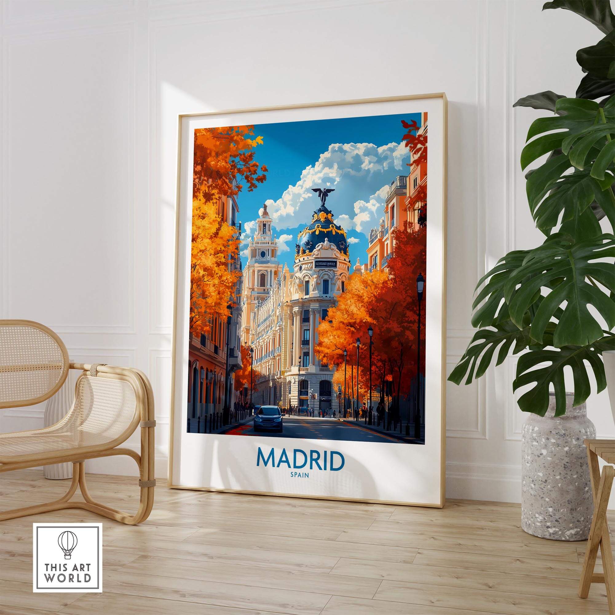 Madrid Wall Art Print showcasing vibrant autumn colors and iconic city architecture.