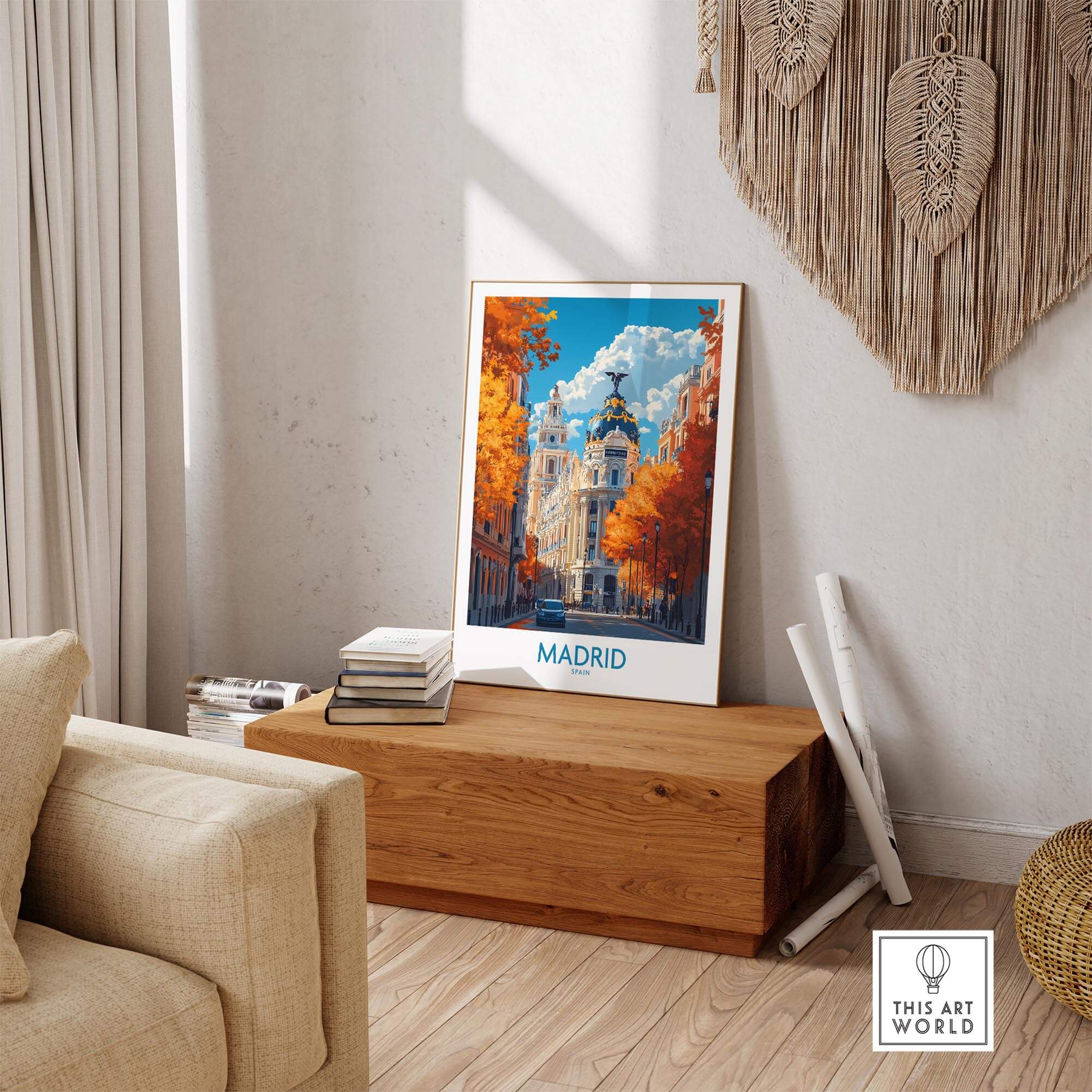 Madrid Wall Art Print displayed in a cozy living space with warm tones and natural elements.