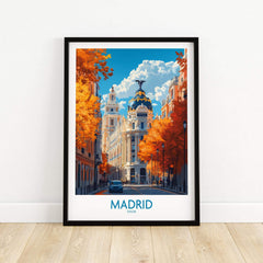 Madrid Wall Art Print featuring vibrant street view and autumn colors in a stylish frame.