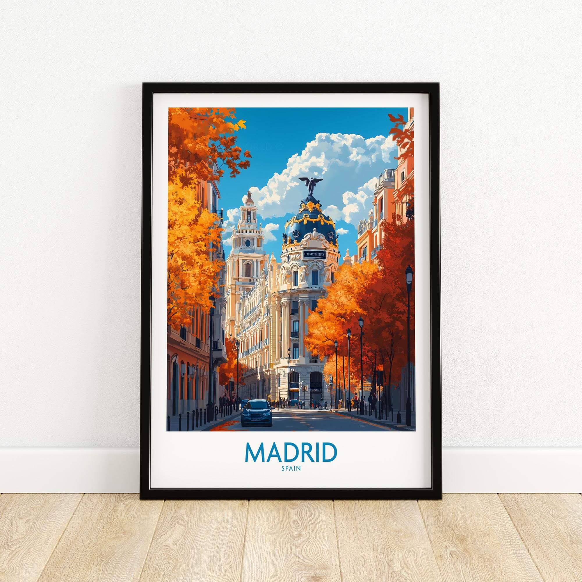 Madrid Wall Art Print featuring vibrant street view and autumn colors in a stylish frame.