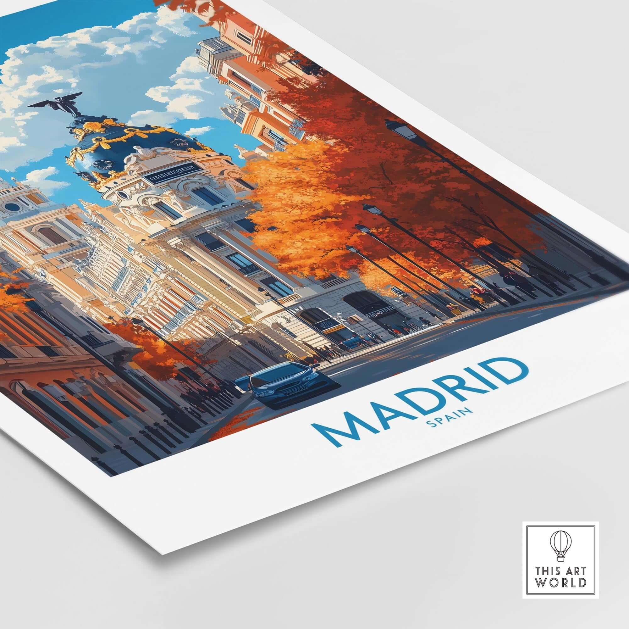 Madrid Wall Art Print featuring vibrant streets and architecture of Spain's capital.