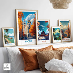 Madrid Wall Art Print displayed among other travel prints, showcasing vibrant designs and culture.