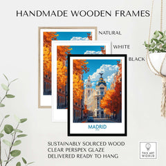 Madrid Wall Art Print displayed in handmade wooden frames including natural, white, and black options.