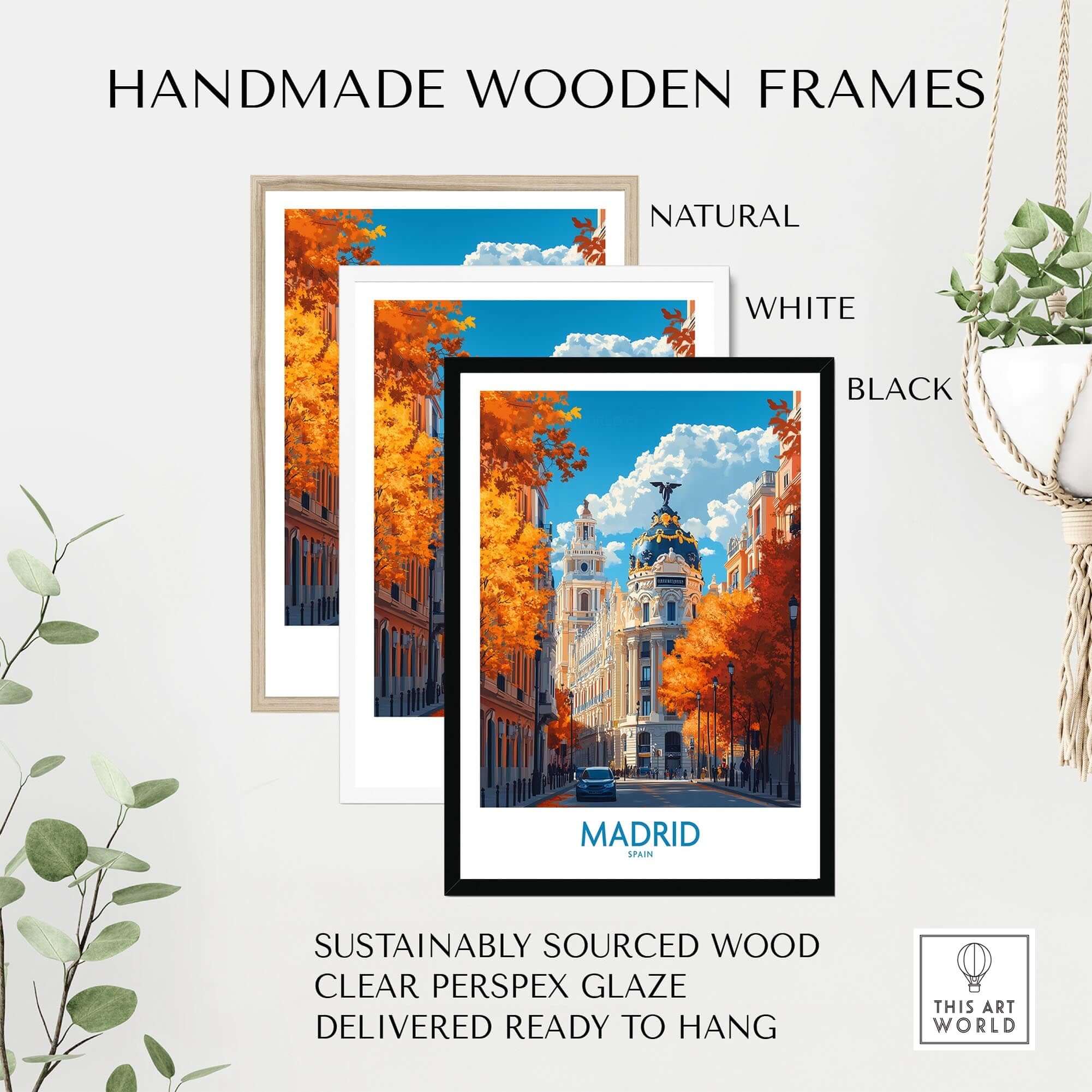 Madrid Wall Art Print displayed in handmade wooden frames including natural, white, and black options.