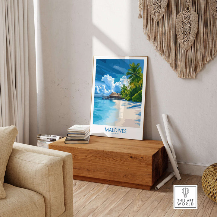 Maldives Wall Art Print - Tropical Beach displayed in a cozy living room with wooden decor.