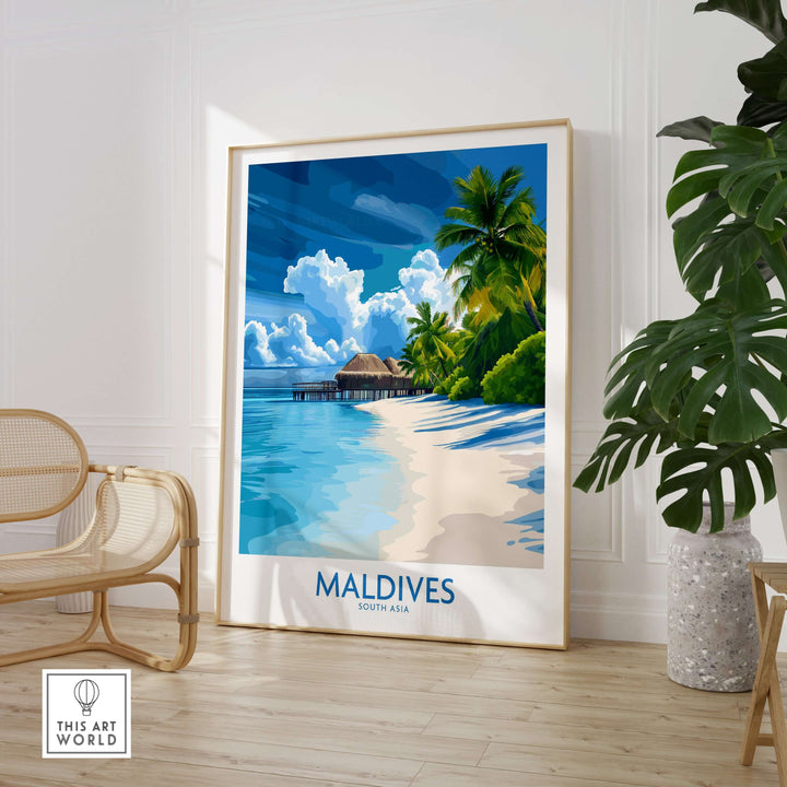 Maldives Wall Art Print - Tropical Beach showcasing a serene tropical beach scene with vibrant blues and lush greenery.