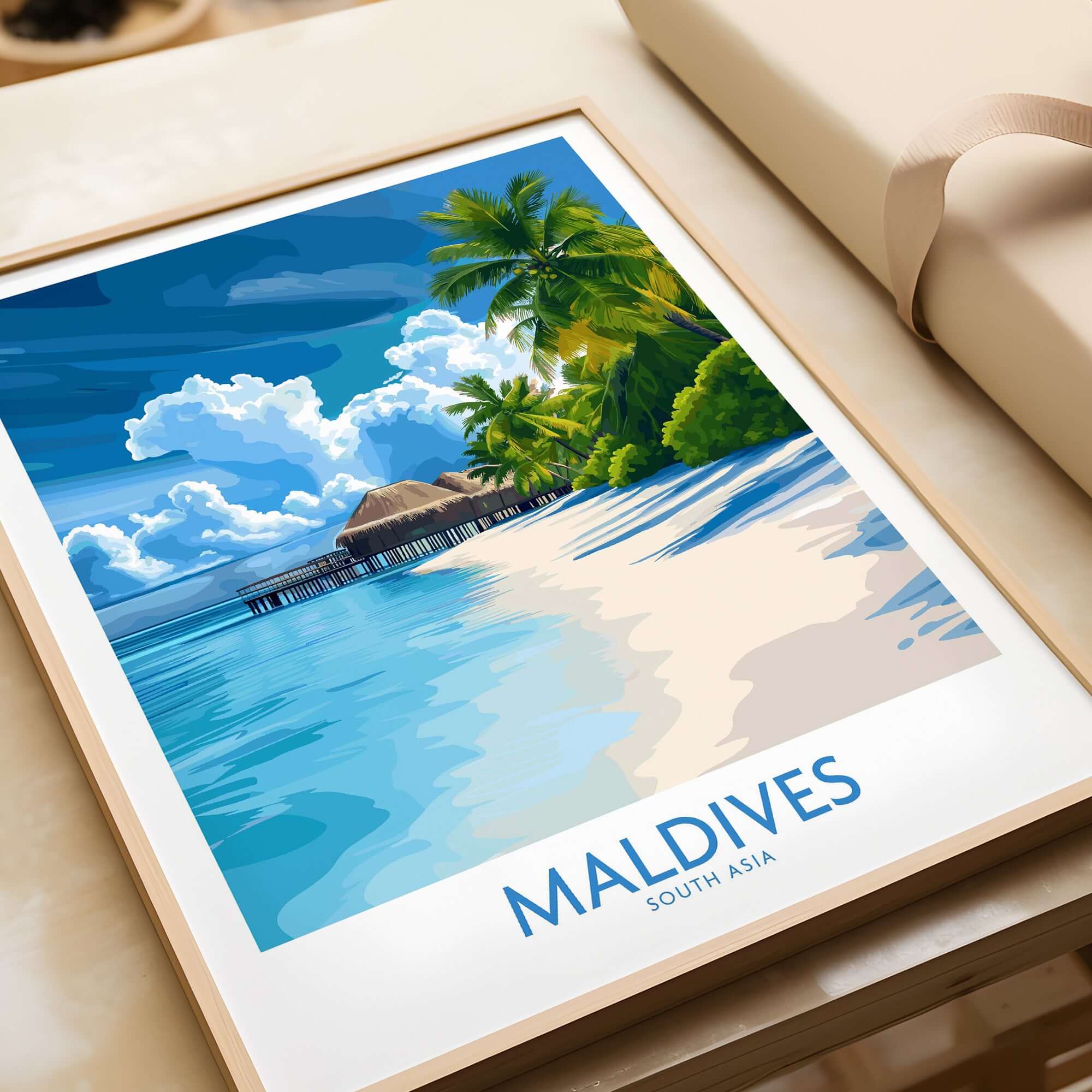Maldives Wall Art Print - Tropical Beach featuring a serene beach scene with clear blue waters and palm trees.