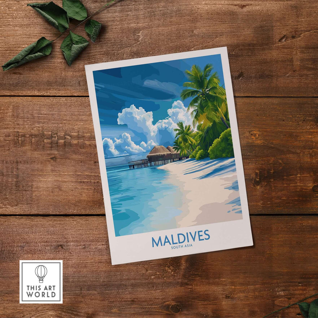 Maldives Wall Art Print - Tropical Beach featuring a serene tropical scene with palms and water.