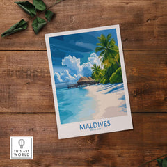 Maldives Wall Art Print - Tropical Beach showcasing a serene tropical beach scene with vibrant colors and palm trees.
