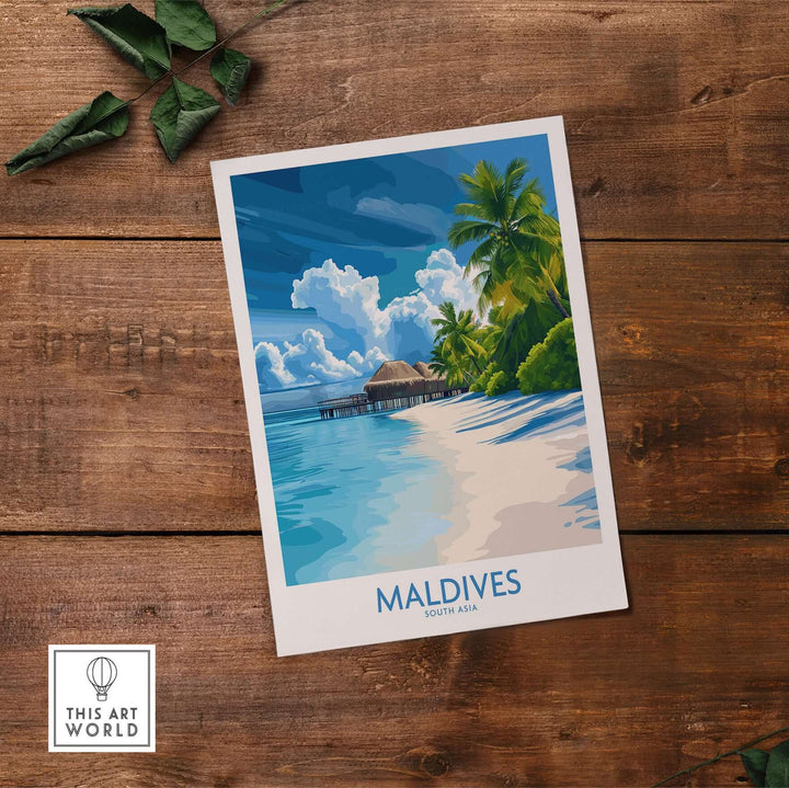 Maldives Wall Art Print - Tropical Beach featuring a serene tropical scene with palms and water.