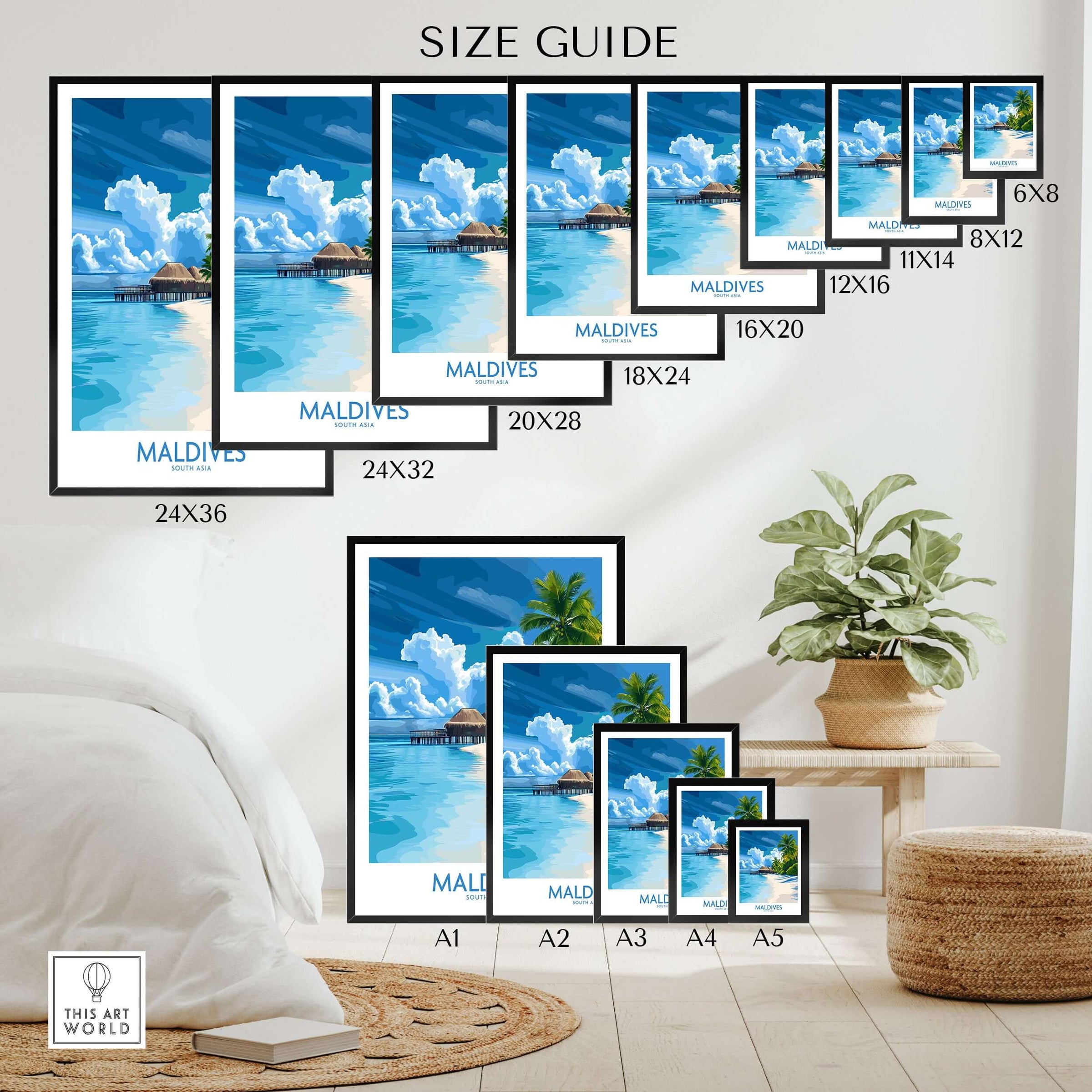 Maldives Wall Art Print - Tropical Beach size guide showcasing various frame sizes in a bright tropical setting.