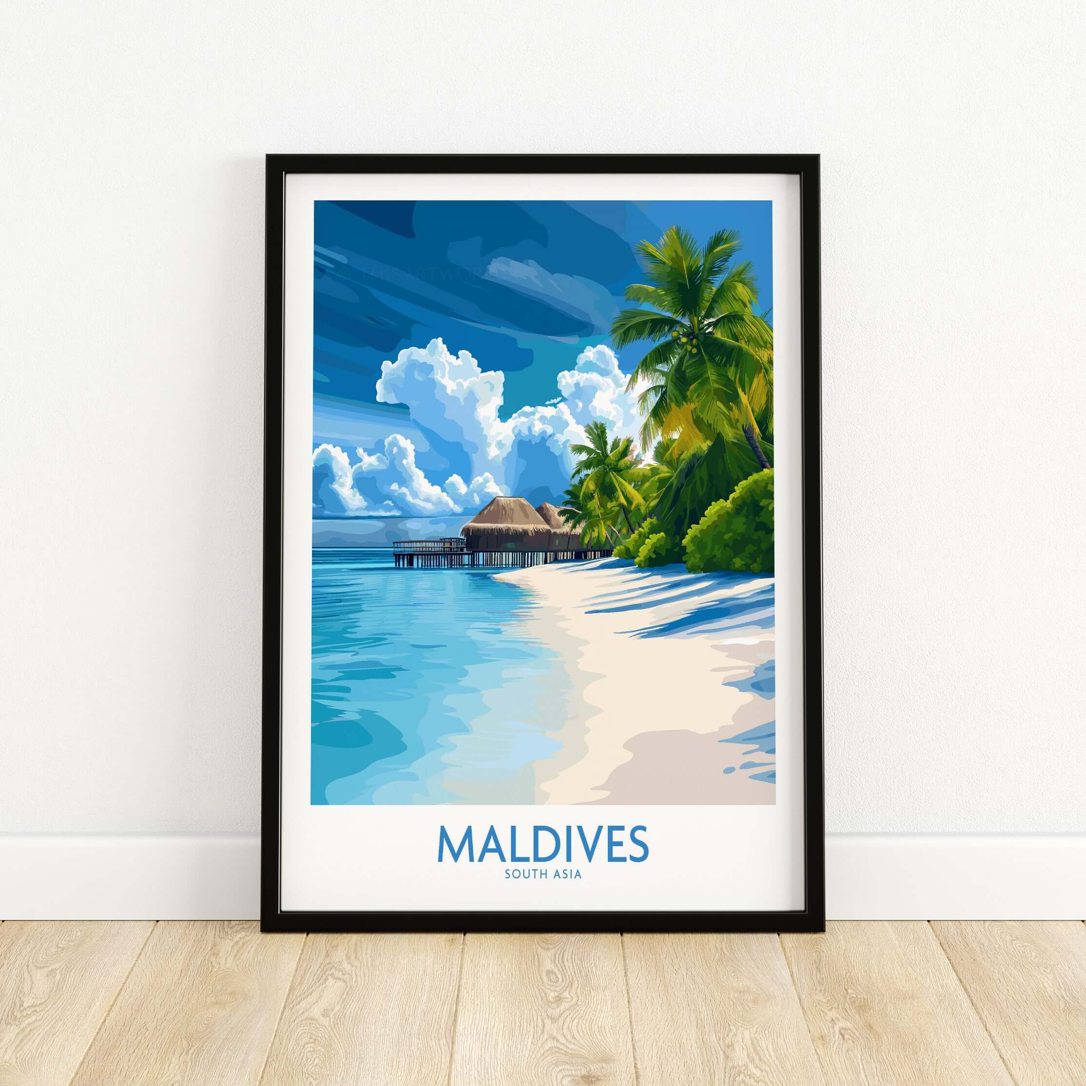Maldives Wall Art Print - Tropical Beach featuring a serene tropical landscape with palm trees and blue ocean.