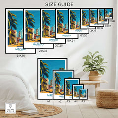 Maputo Travel Poster Mozambique size guide showcasing various print dimensions and vibrant street art.