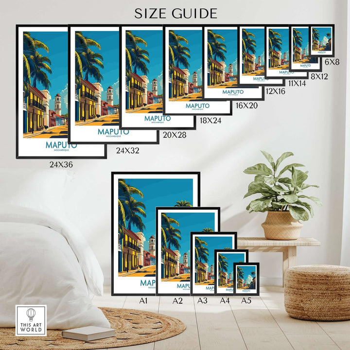 Maputo Travel Poster Mozambique size guide displayed above a bed with plant decor and multiple frame sizes