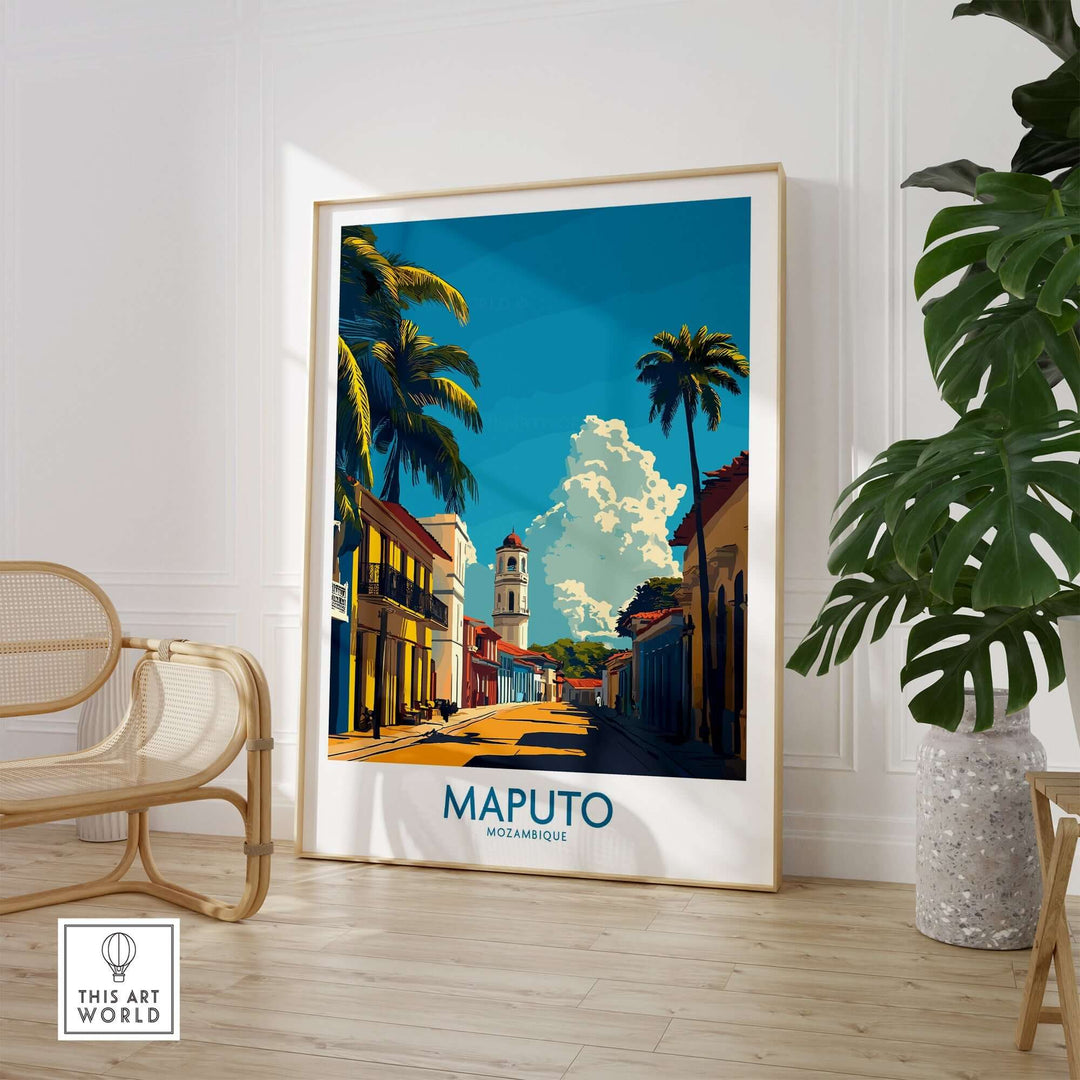 Maputo travel poster featuring vibrant street view and palm trees, perfect wall art for Africa travel enthusiasts, adding adventure to home decor