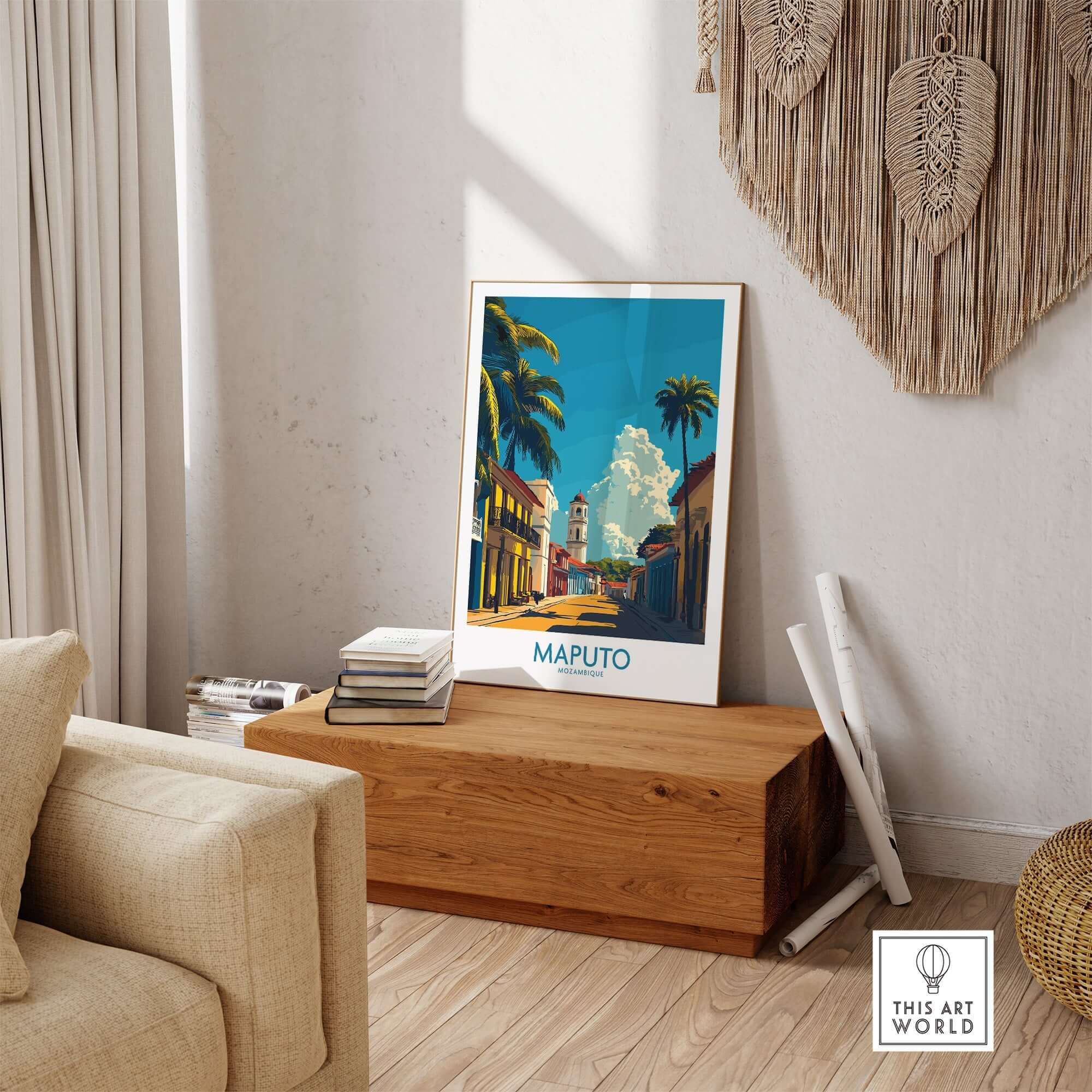 Maputo Travel Poster Mozambique displayed in a stylish living room setting, showcasing vibrant colors and scenery.