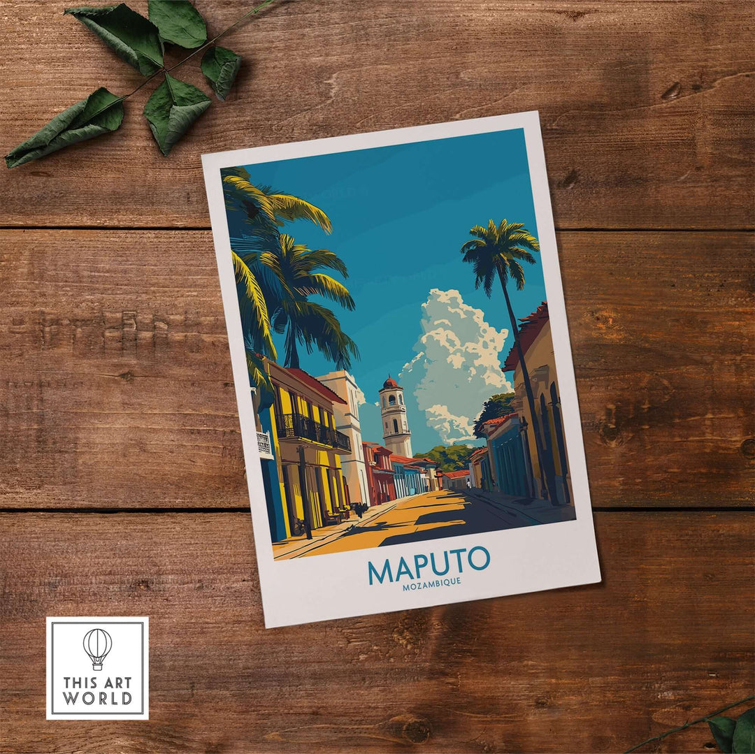 Maputo Travel Poster Mozambique vibrant street scene on wooden background – Africa travel wall art for home decor.